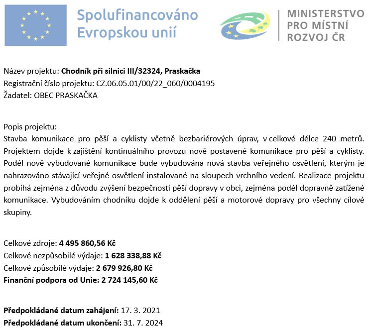 Obrázek s informacemi o propagaci dotace Chodník při silnici III/32324, Praskačka